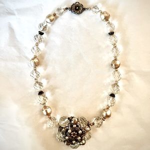 Rare 50s Vintage Faux Pearl and Crystal Choker Necklace